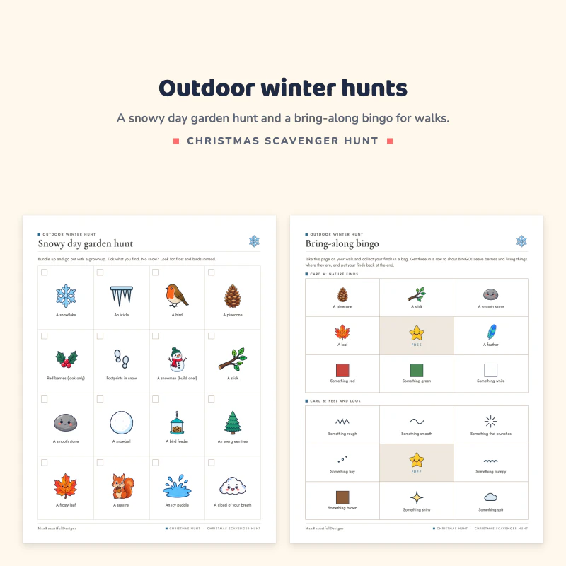 Snowy day garden hunt page with winter pictures to find next to a bring-along bingo page with nature squares