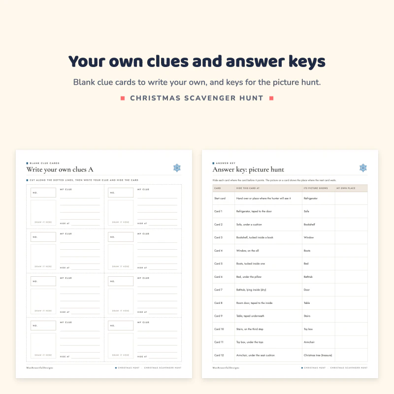 Write your own clues page with blank cards next to the answer key for the picture hunt table