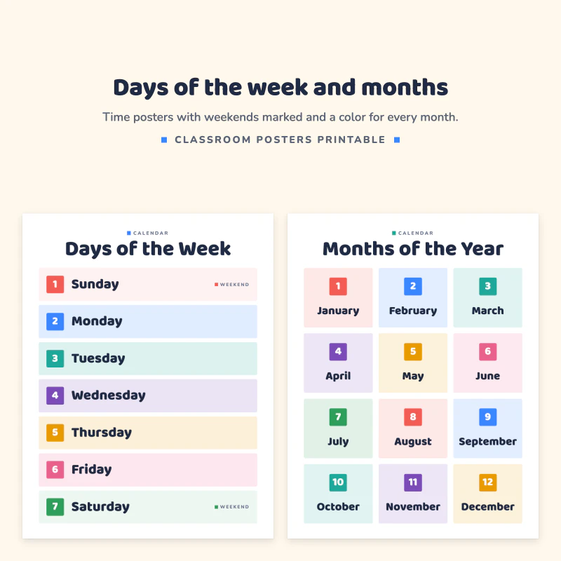 Days of the Week poster from Sunday to Saturday next to Months of the Year poster from January to December