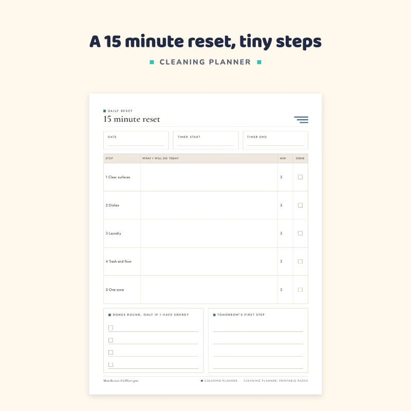 Top of the 15 minute reset page: date, timer start and timer end boxes and a table of five short steps such as clear surfaces, dishes, laundry and trash with a done box