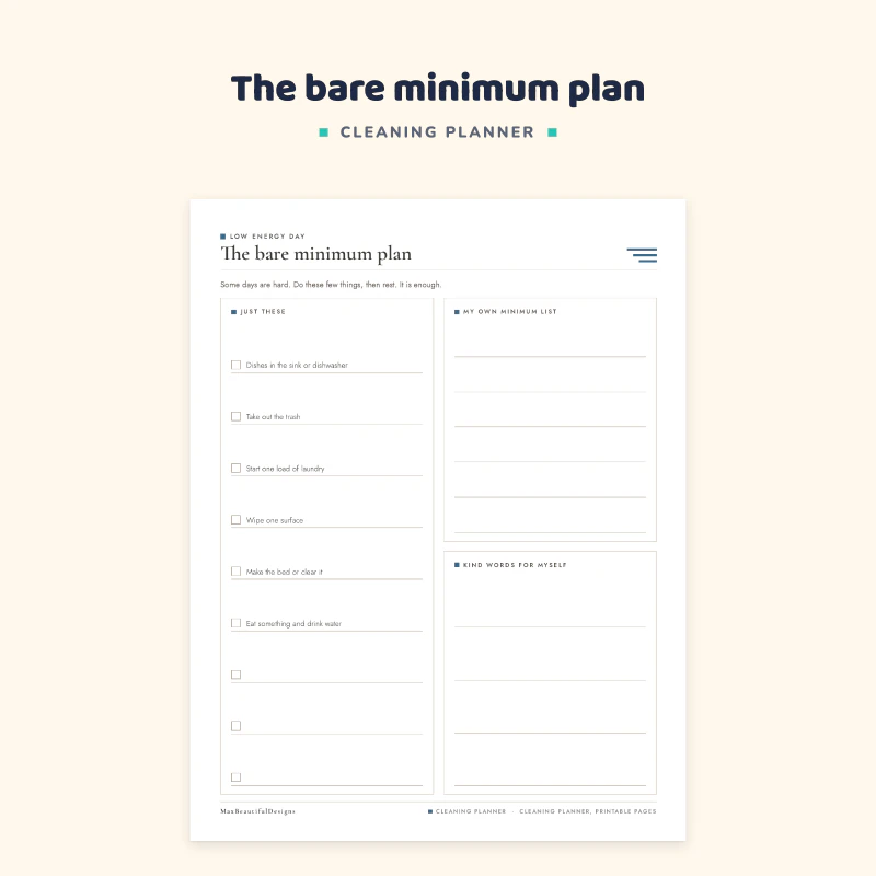 Top of the bare minimum plan page for low energy days: a short just-three-things list with tick boxes and a box for kind words for myself