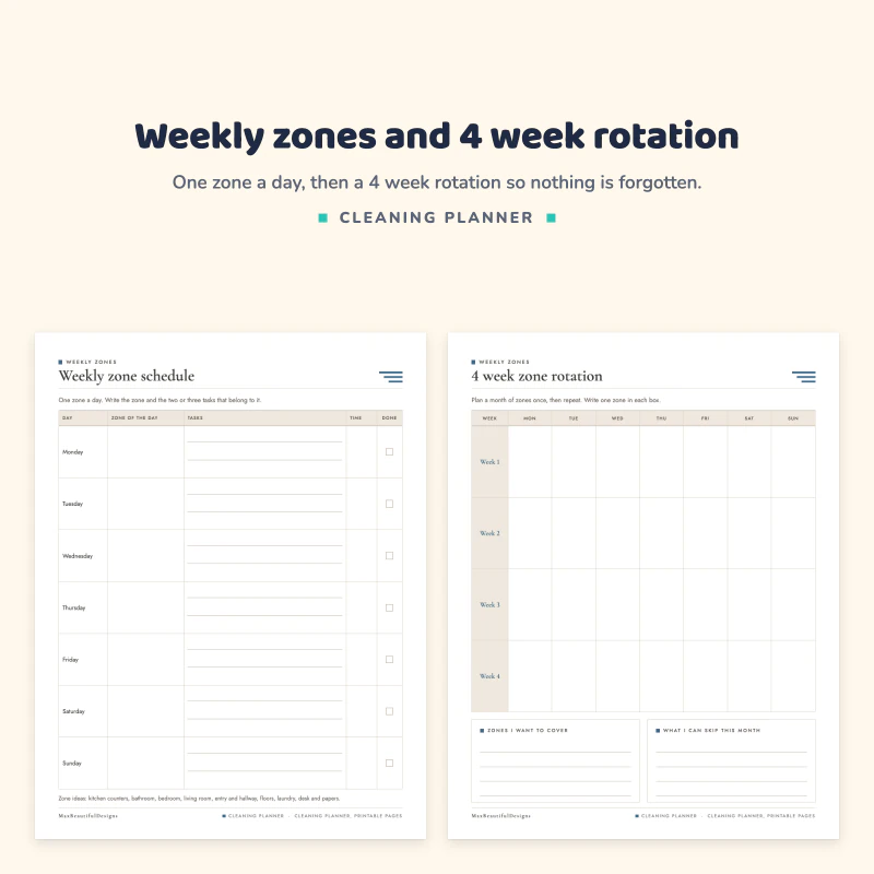 The weekly zone schedule from Monday to Sunday next to the 4 week zone rotation grid