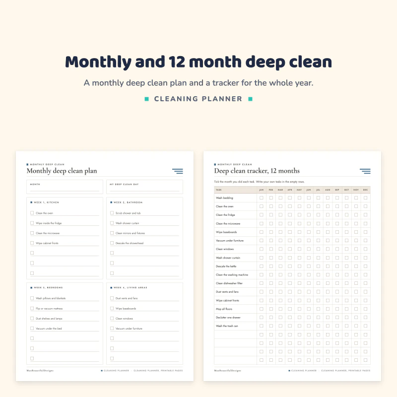 A monthly deep clean plan with four weekly boxes next to a deep clean tracker with tasks and a box for each month