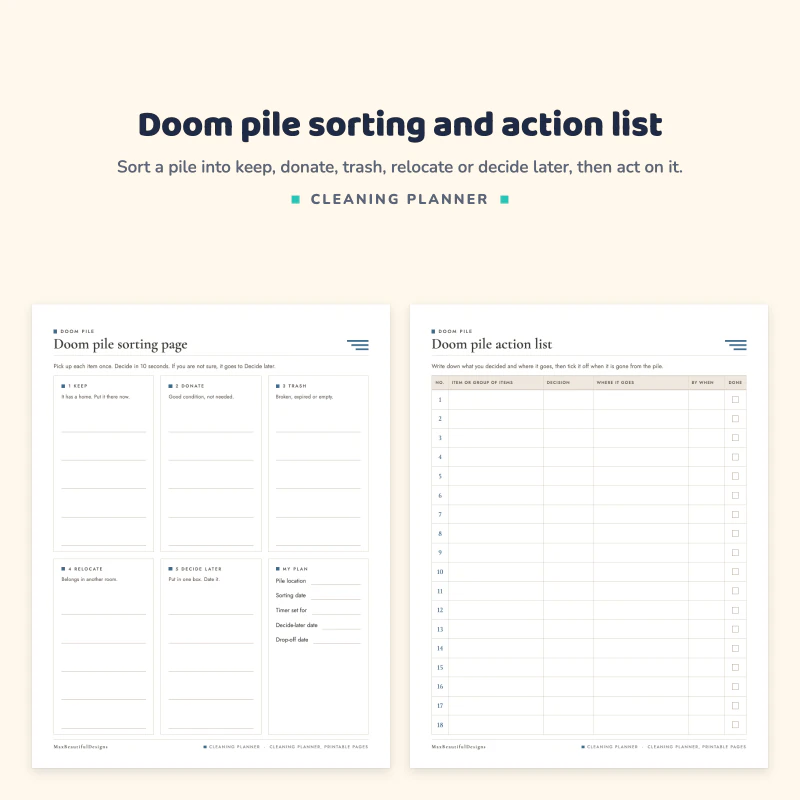 The doom pile sorting page with keep, donate and trash sections next to the doom pile action list table