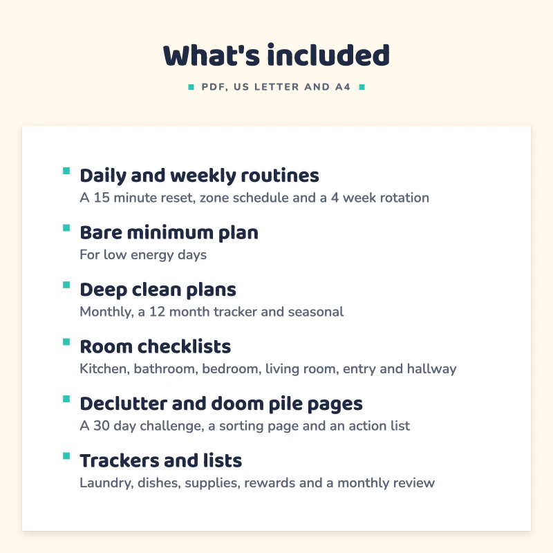 List of what is included in ADHD Friendly Cleaning Planner: Daily and weekly routines, Bare minimum plan, Deep clean plans, Room checklists, Declutter and doom pile pages, Trackers and lists.