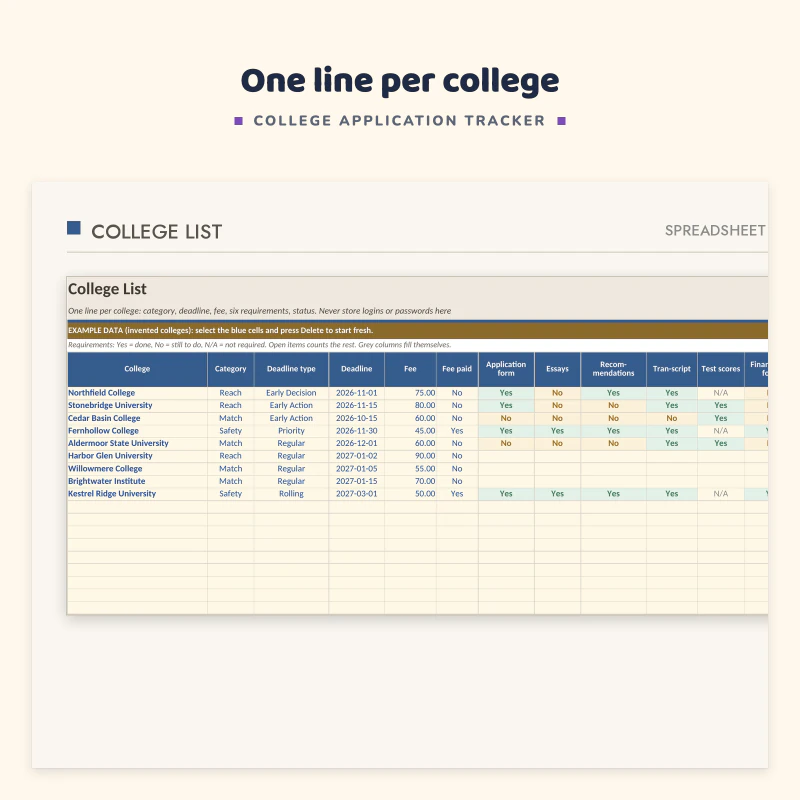 College list sheet up close: college, category reach, match or safety, deadline type, deadline, fee and Yes or No columns for requirements, with status