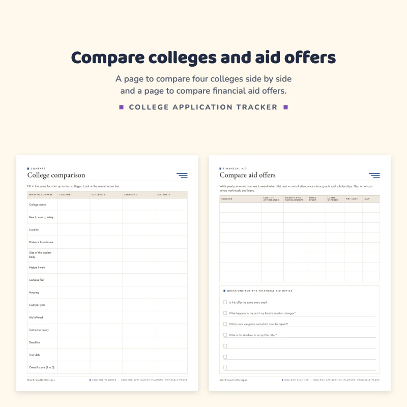 College comparison page with rows for location, size, cost and fit, next to a compare aid offers page with columns for each offer