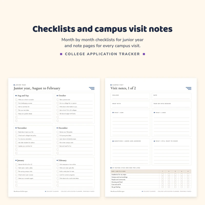 Junior year August to February checklist page with monthly boxes, next to a campus visit notes page with what I saw and questions