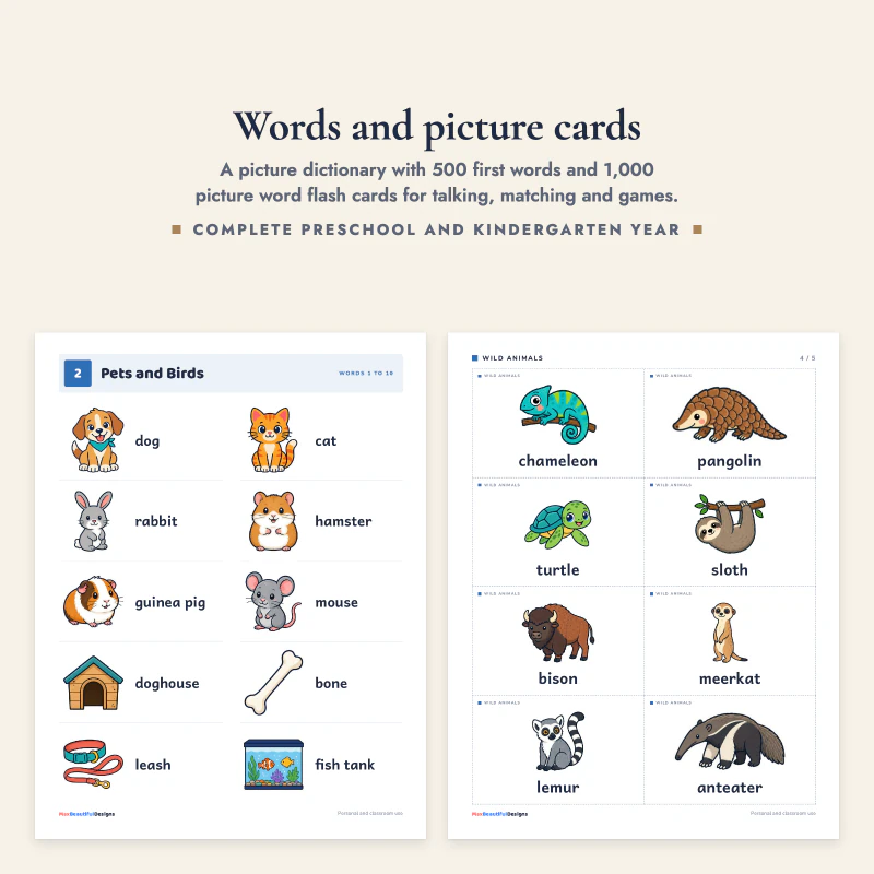 Picture dictionary page Pets and Birds with a dog, cat, rabbit and hamster next to a flash cards page of wild animals such as a chameleon, pangolin and sloth