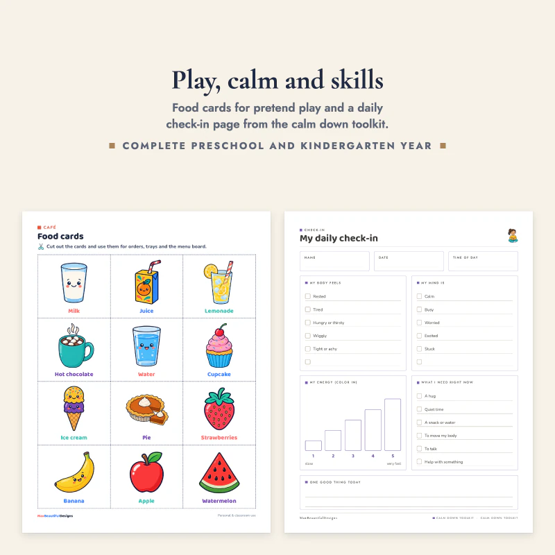 Pretend play food cards with hot chocolate, ice cream and a banana next to a daily check-in page from the calm down toolkit