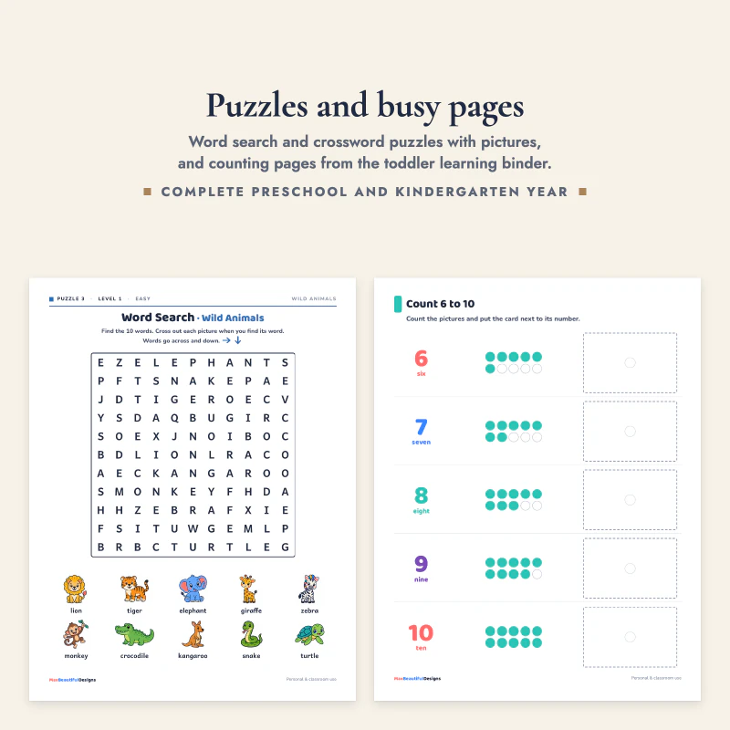 A word search puzzle with wild animals next to a counting page for the numbers 6 to 10
