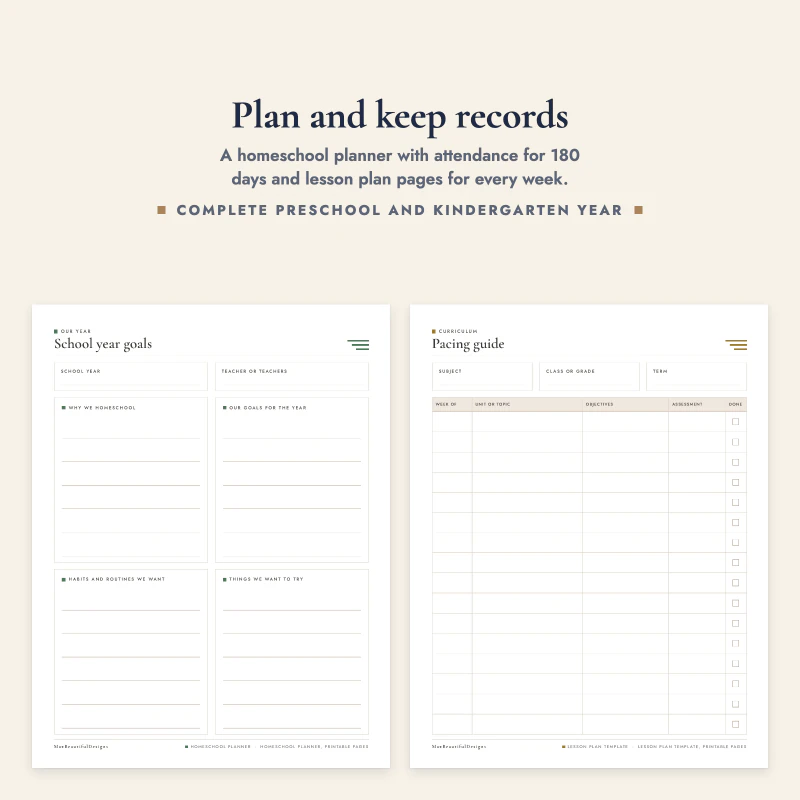 A pacing guide page from the homeschool planner next to a lesson plan page