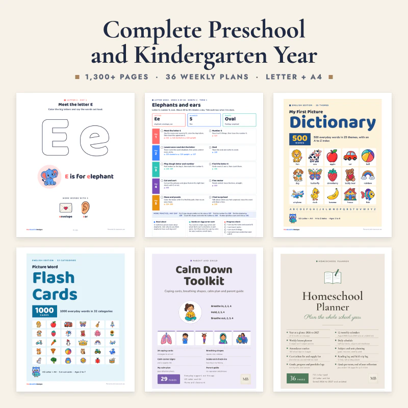 Complete preschool and kindergarten year: six real pages, the 36 week curriculum cover, a weekly plan page, the picture dictionary cover, the flash cards cover, the calm down toolkit cover and the homeschool planner cover