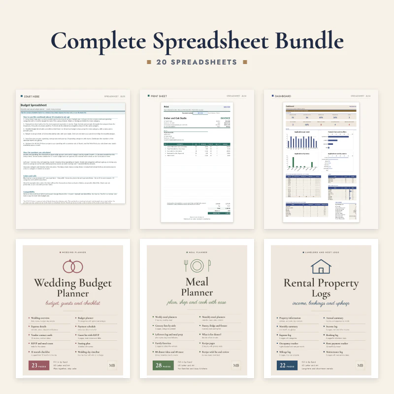 Complete spreadsheet bundle: six real pages from the included products, the budget planner cover, the small business dashboard, the job application tracker cover, the wedding budget cover, the meal planner cover and the rental property cover