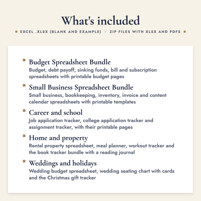 List of what is included in Complete Spreadsheet Bundle: Budget Spreadsheet Bundle, Small Business Spreadsheet Bundle, Career and school, Home and property, Weddings and holidays.