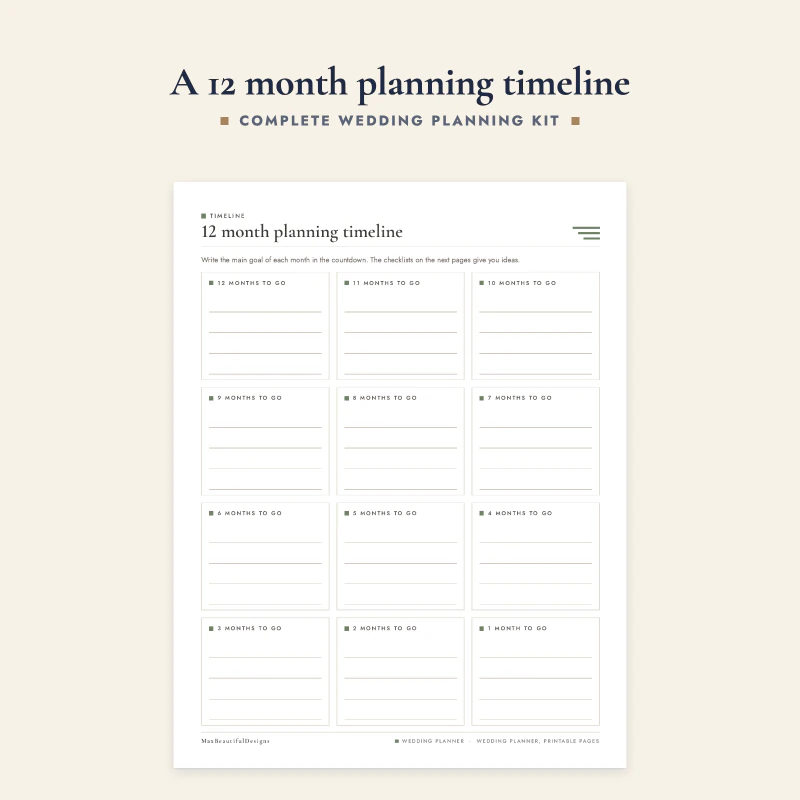 Wedding planner page 12 month planning timeline with a column for every month and lines to write the tasks