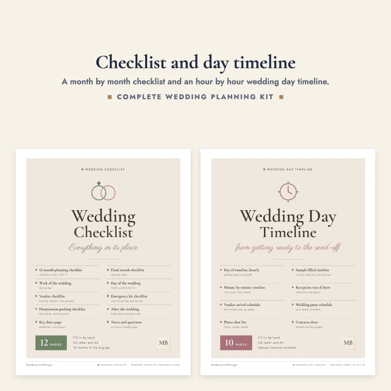 Wedding checklist cover next to the wedding day timeline cover