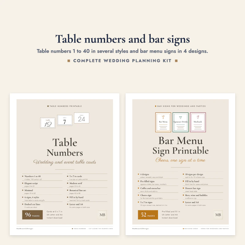 Table numbers printable cover next to the bar menu sign printable cover