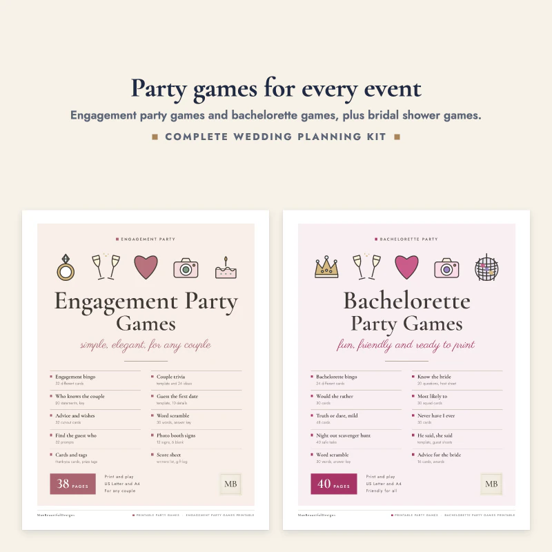 Engagement party games cover next to the bachelorette party games cover