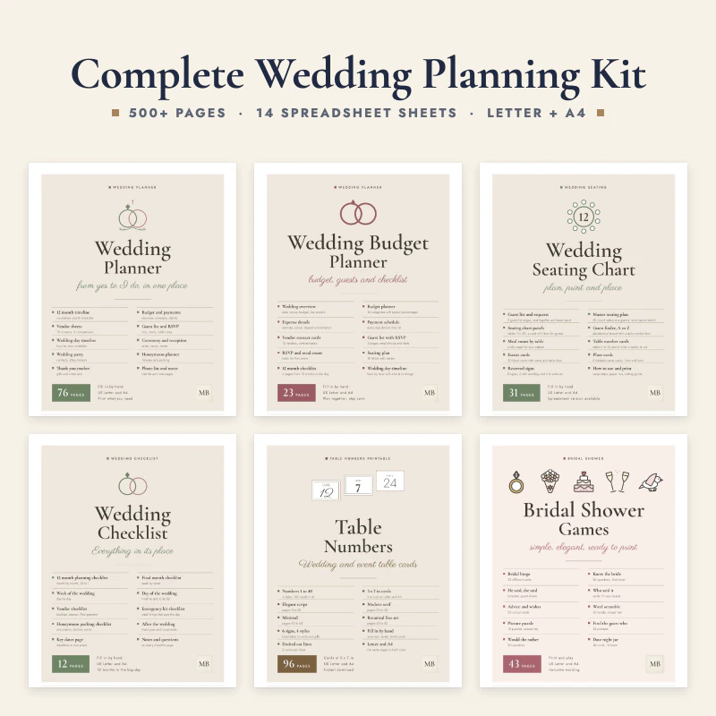 Complete wedding planning kit: six real pages, the wedding planner, budget planner, seating chart, checklist, table numbers and bridal shower games covers