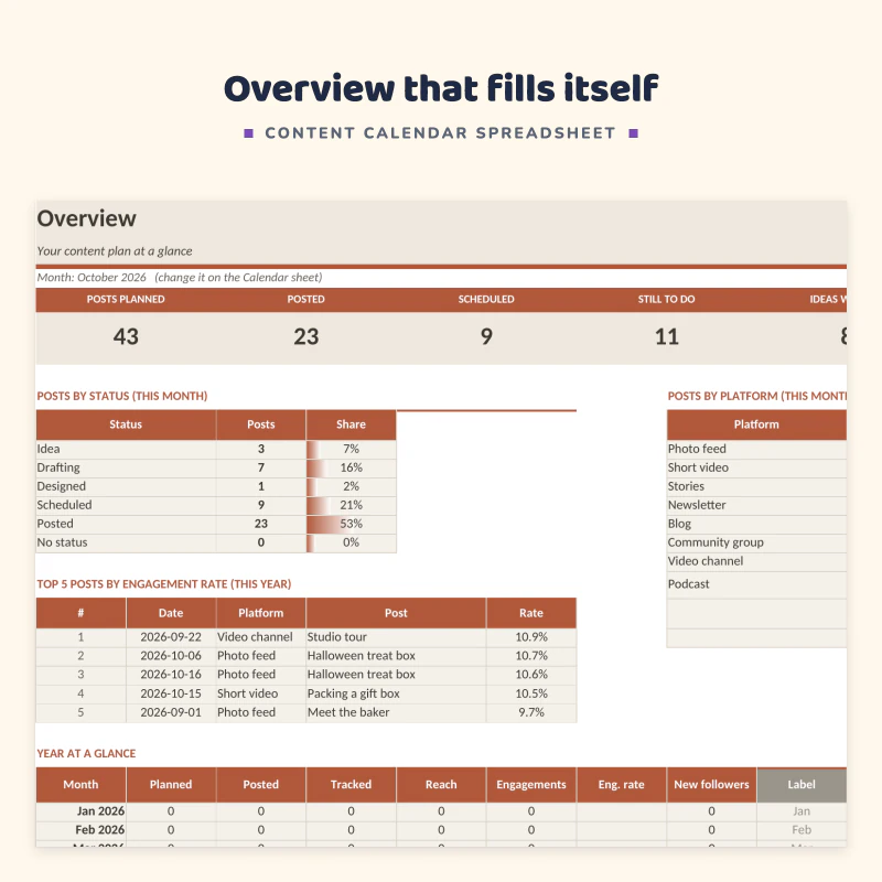 Overview sheet up close: posts planned, posted, scheduled and done, posts by status and platform, top 5 posts by engagement rate and a year at a glance