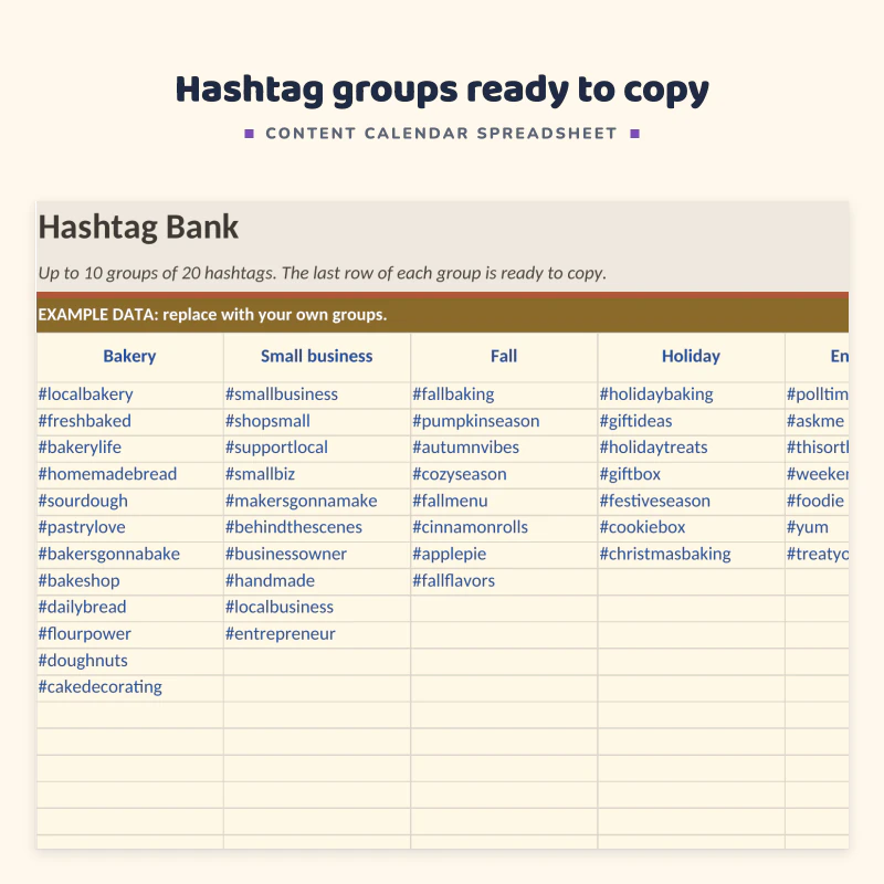 Hashtag Bank sheet up close: groups for bakery, small business, fall, holiday and engagement with hashtags listed under each