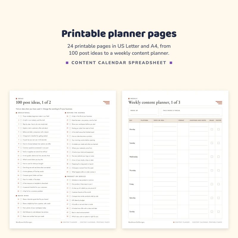 100 post ideas page with tick boxes next to a weekly content planner page with a row for each day