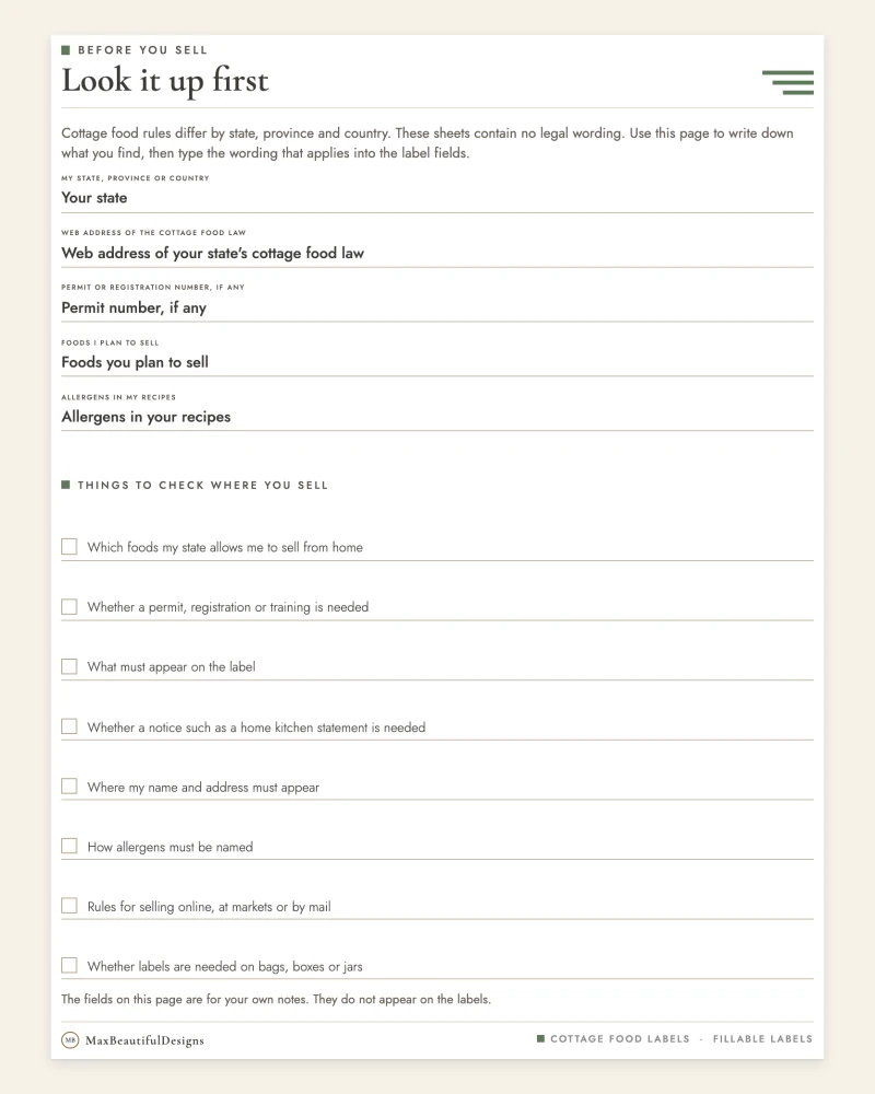 Look it up first page with blank fields for your state, permit and allergens, and a check list of things to find out about the rules where you sell