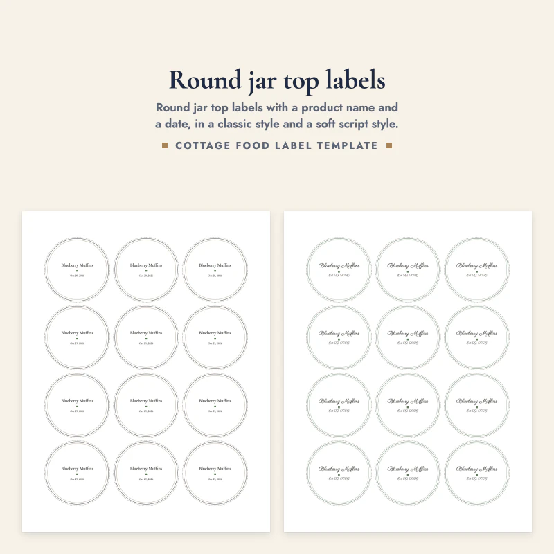 Two sheets of round jar top labels reading Blueberry Muffins with a date