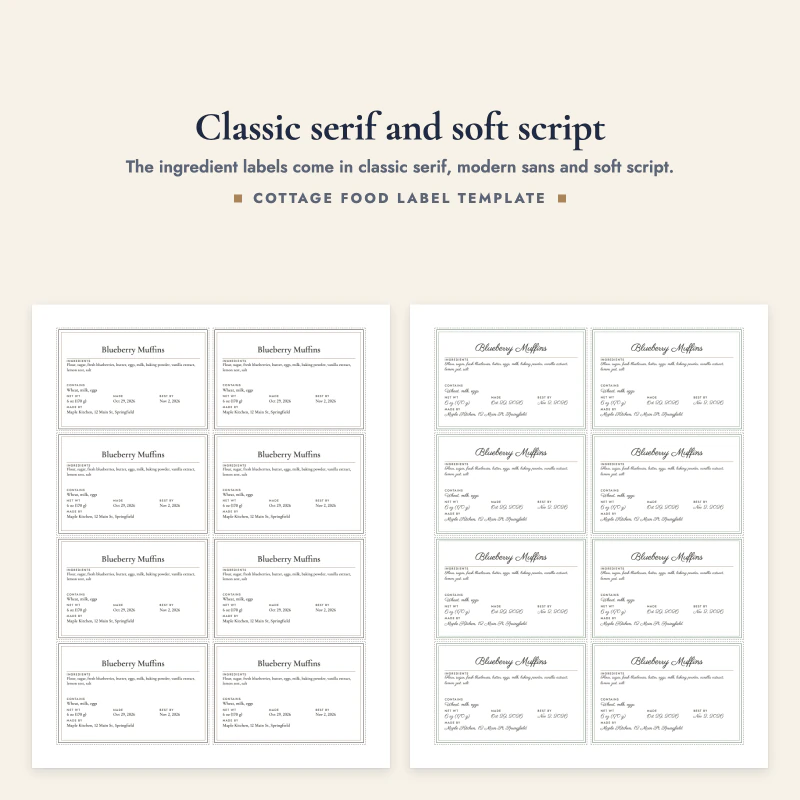 Ingredient label sheets in classic serif and soft script styles, 8 labels per page