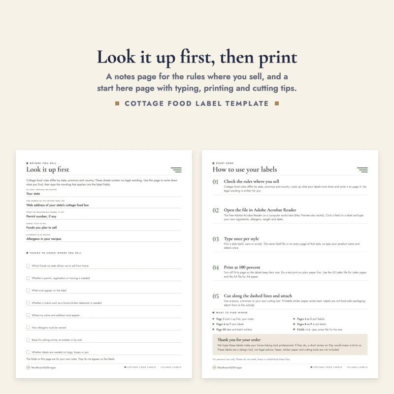 Look it up first page with blank fields and a check list, next to the how to use your labels page