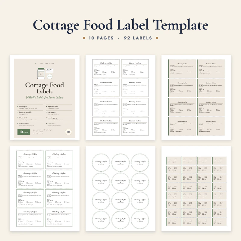 Cottage food label template: the cover and five label sheets, ingredient labels in two styles, round jar top labels and date stickers
