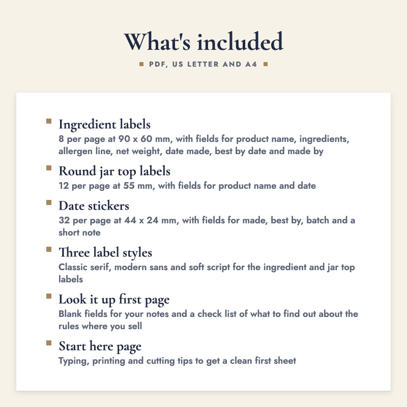 List of what is included in Cottage Food Label Template: Ingredient labels, Round jar top labels, Date stickers, Three label styles, Look it up first page, Start here page.
