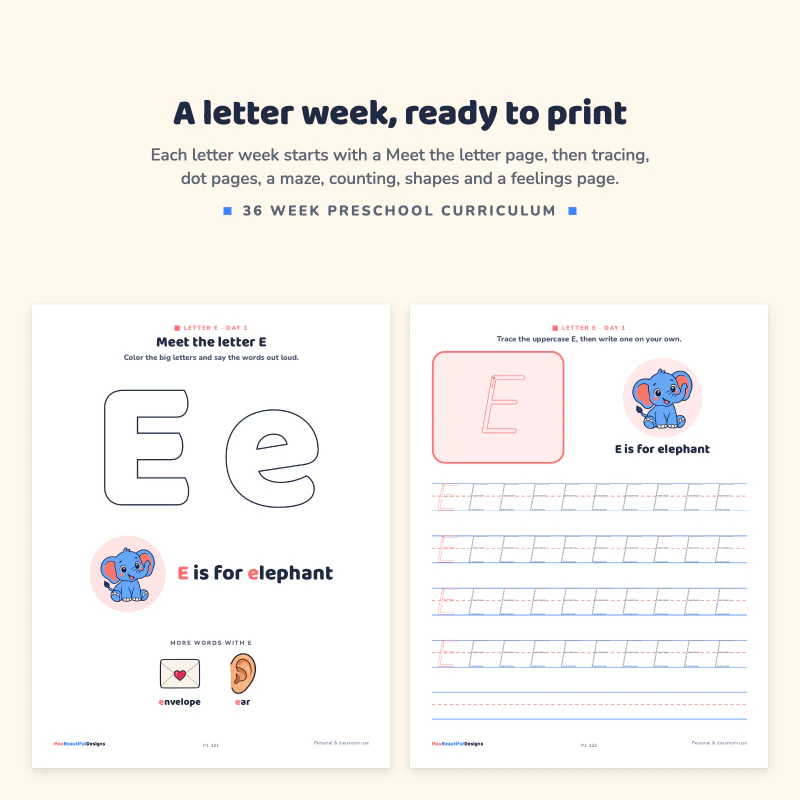 Meet the letter E page with a big outlined E and an elephant, next to a page for tracing the capital letter E
