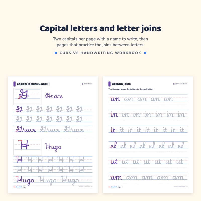 Capital letters G and H page with the names Grace and Hugo, next to a bottom joins page with an, in, it, el and ut