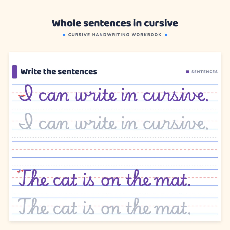 Top of a sentence page: I can write in cursive and The cat is on the mat, each written once and then traced in gray