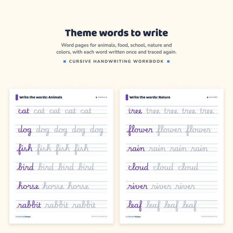 Two word pages: animals with cat, dog, fish, bird, horse and rabbit, and nature with tree, flower, rain, cloud, river and leaf