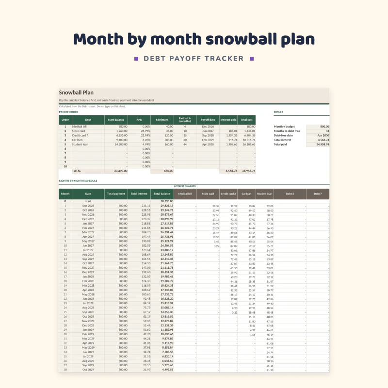 Snowball plan sheet up close: payoff order with start balance, APR, minimum and payoff date, then a month by month schedule with payments