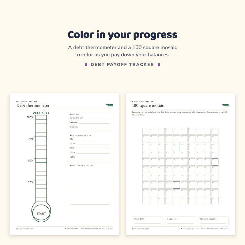 Debt thermometer page with a tall thermometer from START to DEBT FREE, next to a 100 square mosaic grid