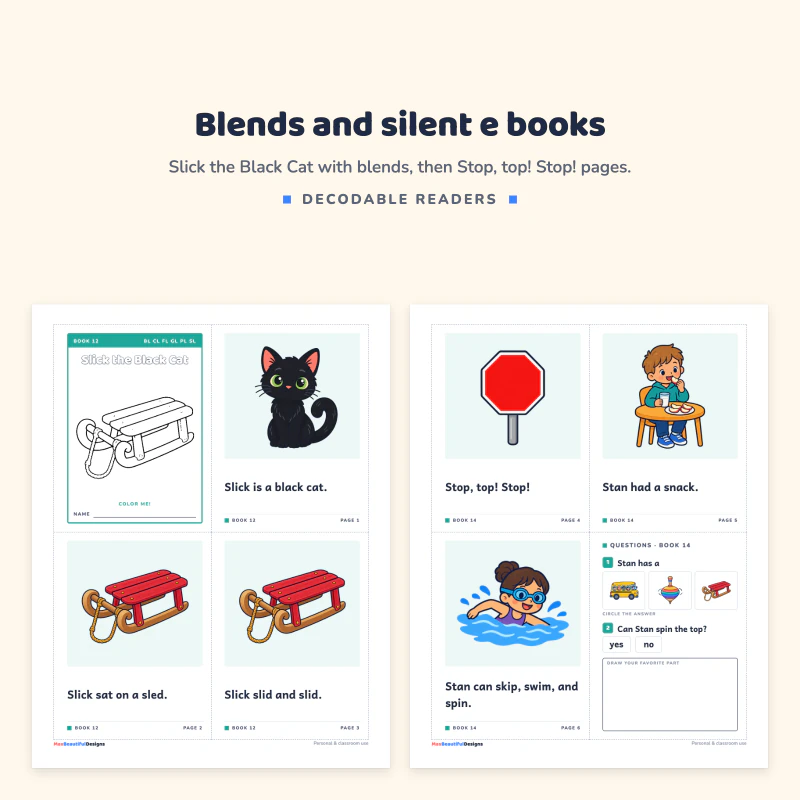 Pages of Slick the Black Cat with a black cat and sled next to a page of a stop sign and a child swimming