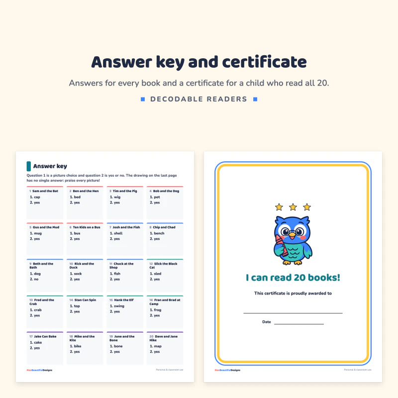 Answer key page with 20 boxes next to the I can read 20 books certificate with an owl