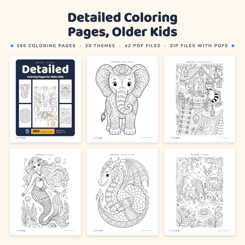 Detailed coloring pages: the cover and five real pages, a patterned elephant, a woodland treehouse scene, a mermaid, a dragon and unicorns in a pond