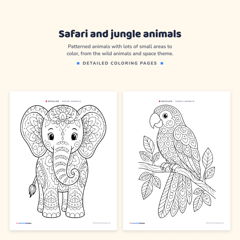 A patterned elephant page next to a parrot on a branch page, both filled with decorative patterns