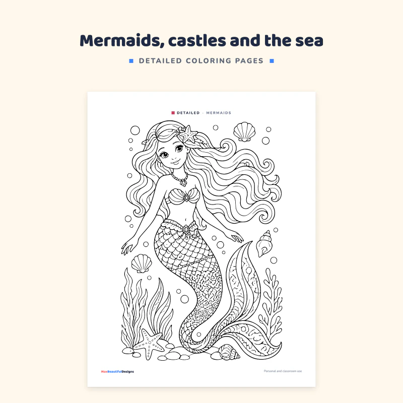 Top of a mermaid page: a mermaid with long wavy hair, shells and seaweed drawn in fine detail