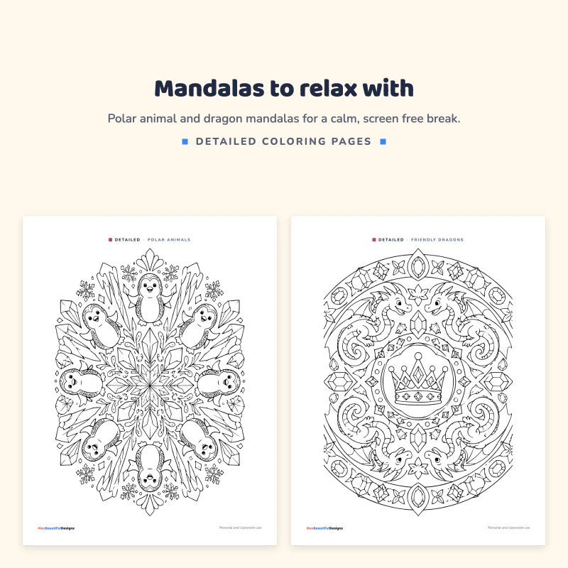 A polar animals mandala with penguins around a snowflake next to a friendly dragons mandala with a crown in the center