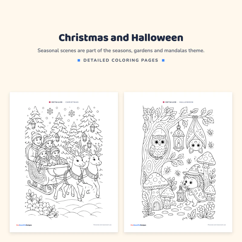 A Christmas sleigh with reindeer page next to a Halloween page with an owl, a bat and a hedgehog under mushrooms