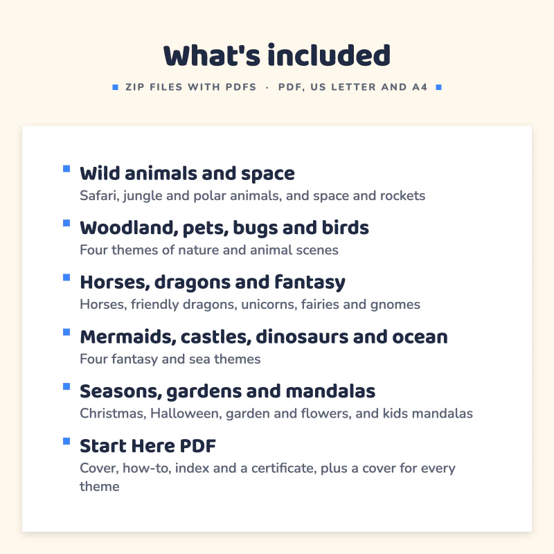 List of what is included in Detailed Coloring Pages for Older Kids: Wild animals and space, Woodland, pets, bugs and birds, Horses, dragons and fantasy, Mermaids, castles, dinosaurs and ocean, Seasons, gardens and mandalas, Start Here PDF.