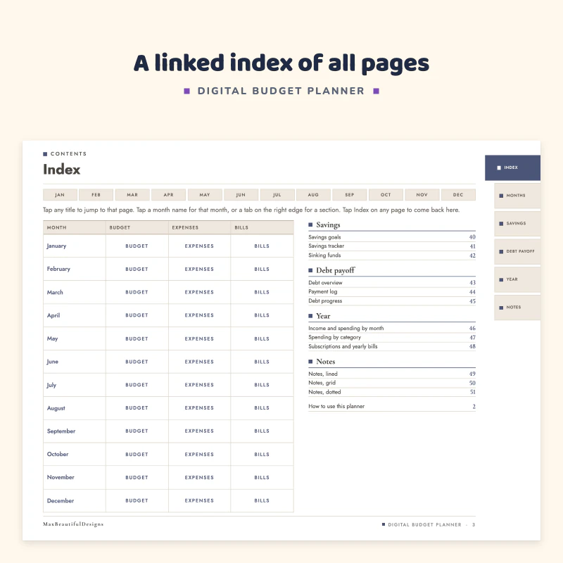 Index page listing the monthly budgets, expense trackers and bill trackers with linked month tabs and side tabs