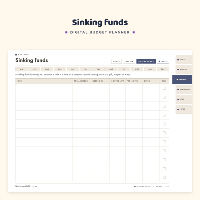 Sinking funds page with rows for each fund, target and amount saved per month