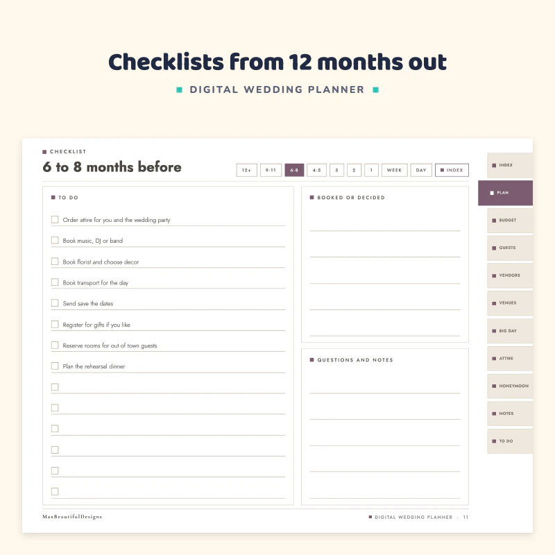 Checklist page 4 to 6 months before with a to do list, a notes area and side tabs
